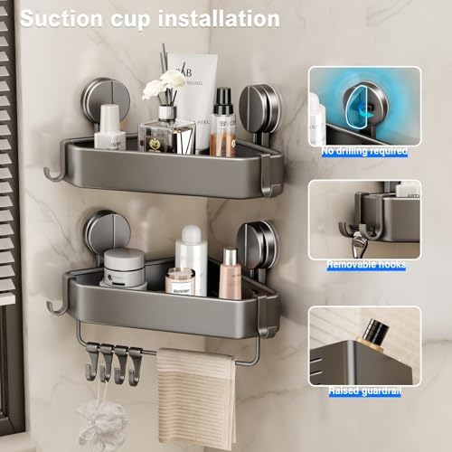 Mustorn Suction Cup Shower Caddy Corner, 1 Pack Suction Corner Shower Shelves No Drilling, Rustproof Shower Organizer Suction Cup with Towel Holder & Hooks Removable Bathroom Storage Rack(Gray) - Image 3