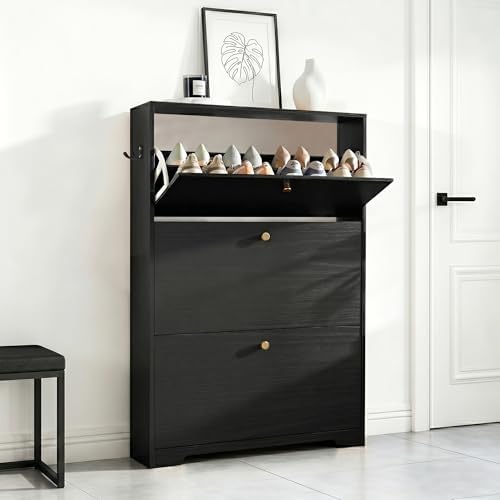 Nicetree Shoe Cabinet with 3 Flip Drawers, Entryway Shoes Organizer, Black by Nicetree