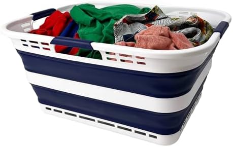 SAMMART 42L (11 Gallon) Collapsible Plastic Storage Basket - Foldable Pop Up Storage Container/Hamper - Portable Laundry Organizer - Space Saving (White/Starry Blue, 42L (Style A)) by SAMMART