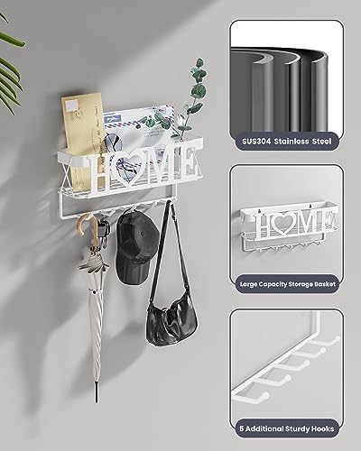 Key Holder Wall Mount - Adhesive Key Holder with 5 Hooks, Key Rack and Mail Organizer, Metal Basket Key Hanger for Entryway, Home, Living Room Decor, 11" L×2.8" W×4.9''H(White) - Image 4