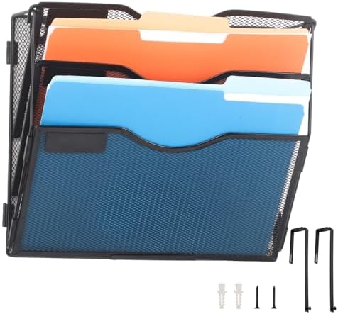 EASEPRES 3 Pocket Mesh Hanging Wall File Organizer with Hangers & Nametag Label, Wall Mounted Mail Paper Document Folder Holder, Clipboard Storage Organization Magazine Rack for Office Cubicle, Black by EASEPRES