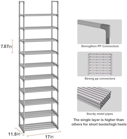 OYREL 10-Tier Metal Shoe Rack, Narrow Shoe Rack Organizer, Sturdy Shoe Shelf for Closets, Entryway, Bedroom, Garage - Silver - Image 3