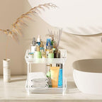 2 Tier Lazy Susan Bathroom Countertop Organizer, 360° Clear Rotating Square Storage Tray, Cosmetics and Perfume Organizer, Spinning Storage Tray Vanity Organizer Shelf for Bathroom Cabinet, Kitchen - Image 3