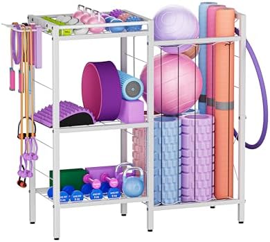3 Tiers Dumbbells Yoga Mat Storage Rack with Elastic Straps for Kettlebells Foam Roller Resistance Bands Balls, Workout Equipment Organizer Weight Storage Holder with Hooks for Home Gym by Fiwithy