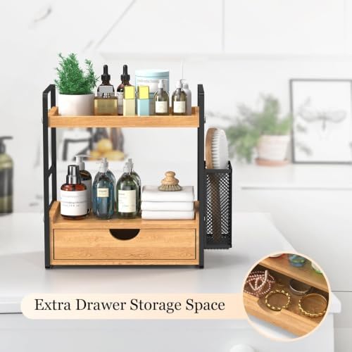 LEMIKKLE Bathroom Counter Organizer with Drawer and Basket,Wood Countertop Organizer for Bathroom Decor Makeup Tray for Perfume Skincare Bedroom Kitchen Corner - Image 5