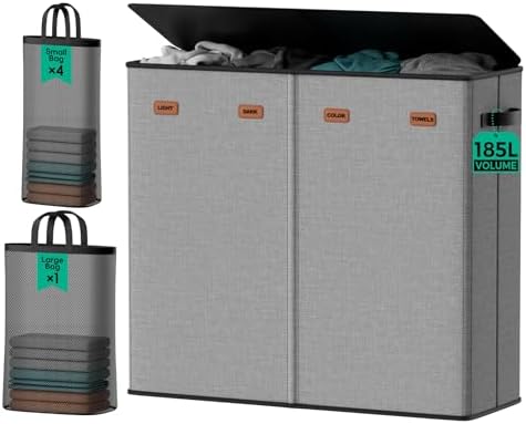 185L Laundry Hamper 4 Section with Lid & Removable Bags by MECINFUL