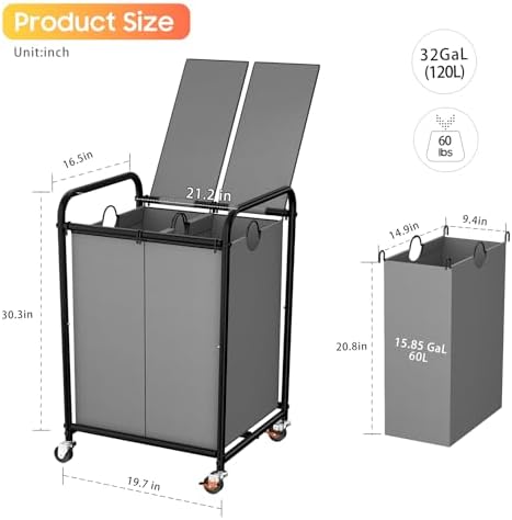 120L Laundry Sorter 2 Section, Rolling Laundry Basket with Wheels ＆ Lid - Image 2
