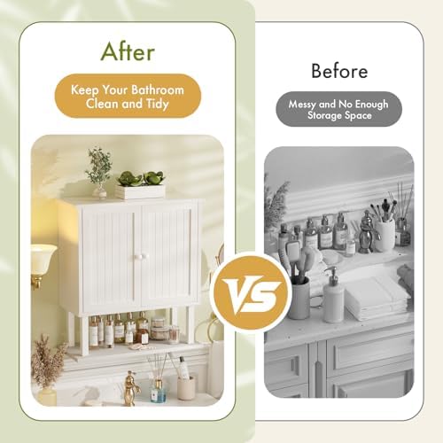 AmazerBath Bathroom Wall Cabinets, Bamboo Over The Toilet Storage Cabinet with Adjustable Shelves, Large Wall Mounted Medicine Cabinets with 2 Doors for Small Spaces, White, 9x21.3X 23.8 Inches - Image 5
