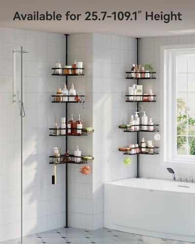 YASONIC Corner Shower Caddy Tension Pole, 25.7-109.1in Adjustable Shower Shelves, Rust-Resistant Shower Organizer, No-Drill 3-Step Installation, Bathroom Shelves for Renters & Family, Black - Image 2