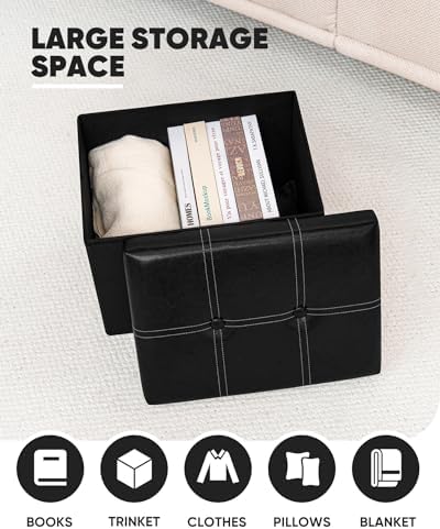 B FSOBEIIALEO Folding Storage Ottoman, 16.5" Faux Leather Ottomans, Black - Image 4