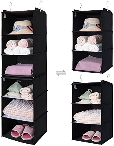 GRANNY SAYS 6-Shelf Hanging Closet Organizer, Foldable Storage, Black | Separable to 2 Pack 3-Shelf Hanging Shelves, No-Sag Support, Keeps Clothes Neat, Folds Flat, Fits RV, Dorm & Small Closets by GRANNYSAYS