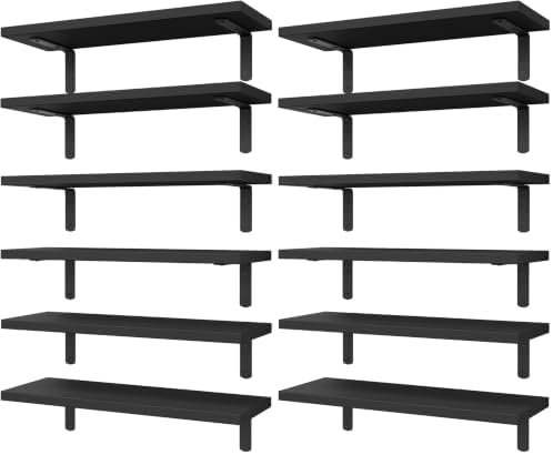 WOPITUES Wood Floating Shelves Set of 6, Shelves for Wall Decor, Farmhouse Shelf for Bedroom, Bathroom Storage Shelves, Book Shelves for Living Room-Black (Pack of 2) by WOPITUESOfficial