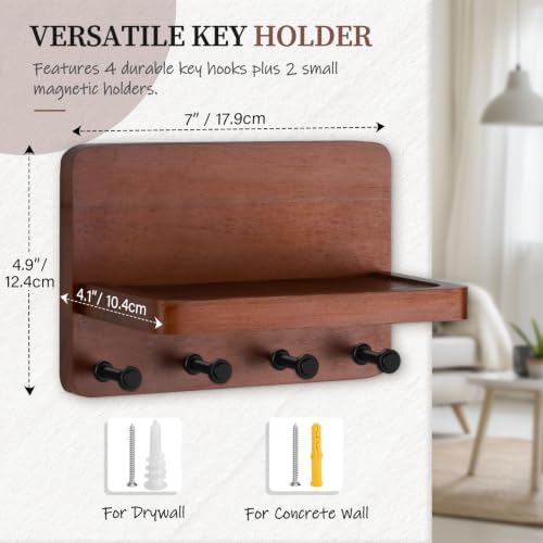 Nekon Key Holder for Wall with Shelf, Pine Wooden Key Hanger, Brown - Image 3