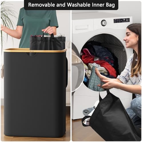 SpaceAid Double Laundry Hamper 2 Section with Lid and Removable Laundry Bags, 160L Clothes Basket with Bamboo Handles, Large Collapsible Hamper for Bedroom, Bathroom, Dorm, Laundry Room - Black - Image 4