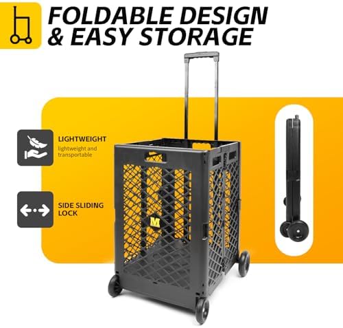 MaxWorks Foldable Rolling Utility Cart, Collapsible Hand Dolly with Telescoping Handle, 70 lbs Capacity, Lightweight Plastic Storage Crate, 16.5" x 15" x 39", No Assembly Needed - Image 3