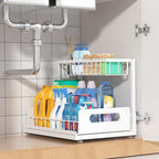 Under Sink Organizer 2 Tier, Pull Out Drawer Slides Under Sink Storage for Bathroom Kitchen,Multi-Purpose Drawer Under Cabinet Organizer for Cleaning Supplies (White, 1 Pack) by MERATIA