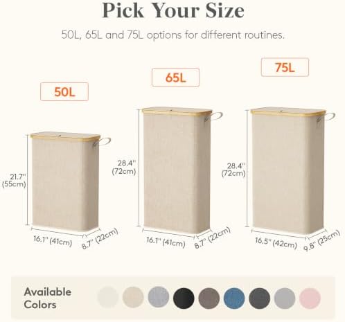 Lifewit 65L Slim Laundry Hamper with Lid and Removable Bag, Beige - Image 6