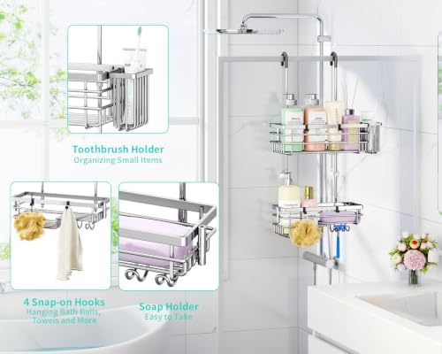 HapiRm Hanging Shower Caddy Organizer - No Drilling Shower Shelves with Hooks and Toothbrush Holder, Rustproof 304 Stainless Steel Bathroom Organizer - Silver - Image 2