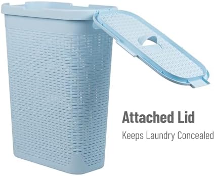 Mind Reader Slim Laundry Hamper with Lid, 40L Clothes Basket, Narrow Tapered Design with Ventilated Cutout Pattern, Plastic, Baby Blue - Image 5