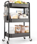 TOOLF 3 Tier Rolling Cart, Metal Utility Storage Cart with Pegboard, Black | 2 Bins & 4 Hooks, Screwless Assembly, Lockable Wheels, Trolley Organizer for Bathroom, Kitchen, Office, Dorm, Craft Room by TOOLF