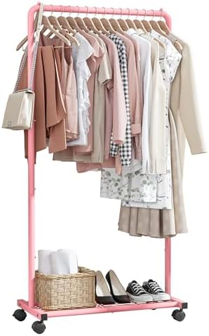 Sakugi Clothes Rack - Clothing Rack with Storage Mesh Shelf & Casters, Heavy-Duty Metal Clothing Rack for Hanging Clothes, Dresses, Coats, Large Load Capacity, Easy Assembly, Pink, 28.0"x16.9"x59.0" by Sakugi
