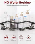 Sakugi Corner Shower Caddy - 2 Pack, Adhesive Shower Organizers, Rustproof Stainless Steel Shower Shelves with 8 Hooks, No Drilling Bathroom Organizers and Storage Racks, Space-Saving, Black, Large - Image 7