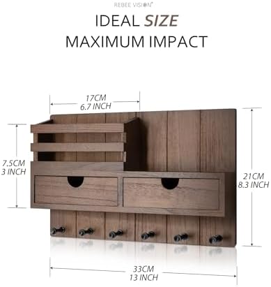 Rebee Vision Key Holder Wall Mount with 2 Drawers for Entryway, Brown - Image 6