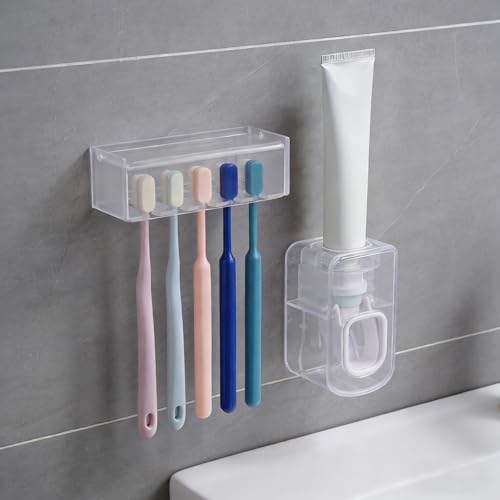5 Slots Wall Mount Toothbrush Holder with Cover, Self Adhesive Tooth Brush Storage Organizer for Shower Bathrooms, Toothbrush Stand with Automatic Toothpaste Squeezer Dispenser - Image 3