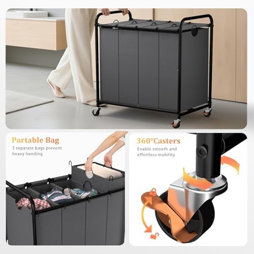 Laundry Sorter 4 Sections 48 Gal, Rolling Laundry Basket with Wheels ＆ Lid - Image 5