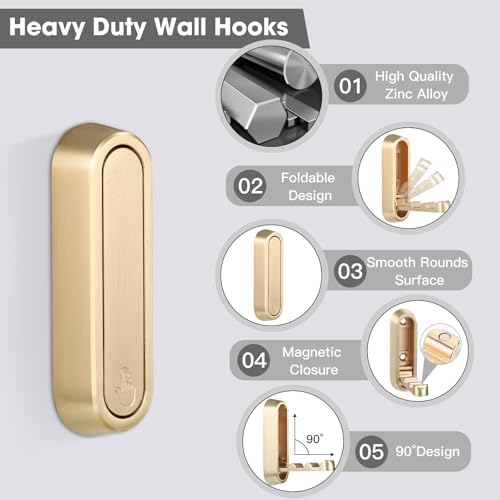 Dntorx Folding Coat Hooks, 2 Pcs Foldable Gold Wall Hooks Heavy Duty Foldable Hook Bathroom Towel Hooks Robe Hooks Wall Mounted for Hanging Coat Towels Clothes Hat Bags Keys - Image 2