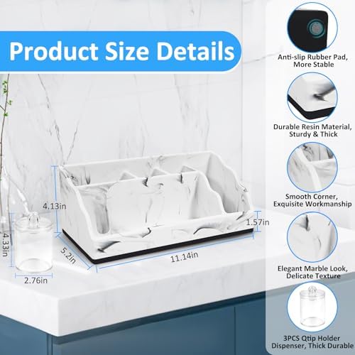 Bathroom Organizer Countertop, White Marble Toothbrush Holders for Bathrooms with 3PCS Qtip Holder Dispenser, Toothbrush and Toothpaste Holder for Bathroom Counter Organization Storage Vanity - Image 4