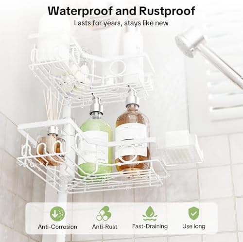 Corner Shower Caddy Tension Pole, 4 Tier Rustproof Shower Tension Rod Organizer with Soap Holder & Hooks, Adjustable 30-121 Inch Bathroom Shelf for Renters - Family Stand Storage Rack, White - Image 3