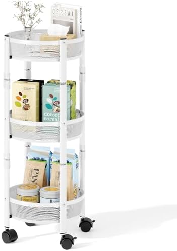 TOOLF 3 Tier Foldable Rolling Cart, Metal Utility Storage Cart, White | Assembly-Free, Lockable Wheels, Round Trolley Organizer for Bathroom, Kitchen, Office, Dorm, Laundry, Craft Room by TOOLF