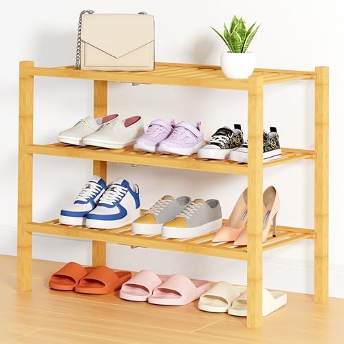 Smiry Bamboo Shoe Rack, 14 Vertical Slats, 3 Tier - 26.8" Wide, Natural by Smiry