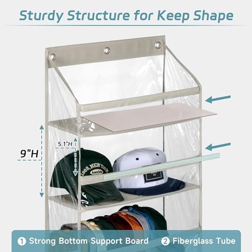 AOODA Clear Over the Door Hat Racks for Baseball Caps, Hold 48 Caps Hat Storage Organizer for Closet Wall, Deep Pockets Hanging Snapback Holder Shelves with 3 Hooks, Grey - Image 3