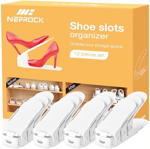 Neprock Shoes Slots Organizer for Closet, Shoe Rack Organizador De Zapatos for Closet Organization, Shoe Slots Organizer Shoe Storage Shoe Holder Space Saver for Entryway(12 Pack)(White) | 50% Space Saver, 4 Adjustable Height, Double Deck, Tool-Free As... by Neprock