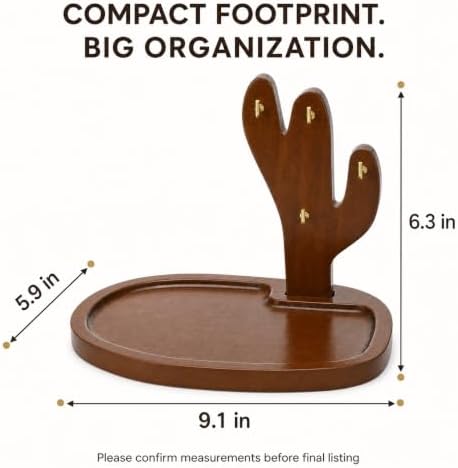 Acacia Wood Cactus Key Holder Tray with 4 Hooks, Entryway Organizer - Image 6