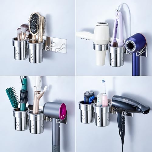Hair Tools Organizer 5-in-1, Bathroom Hair Dryer Holder Wall Mount Adhesive, Hot Tools Holder Storage Metal with 2 Removable Cups, Blow Dryer Holder for Flat-Curling Iron, Brushes(Silver) - Image 4