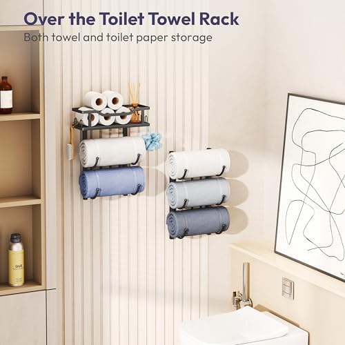 SWTYMIKI Over the Door Towel Rack - 6 Tier Towel Racks for Bathroom Wall Mounted, Towel Holder with Shelf, Hanging Rolled Towel Storage Organizer for Small Bathroom, Camper, RV, Black - Image 4
