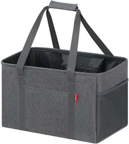 LHZK Standing Utility Tote Bag with Metal Wire Frame and the Sides Rinforced, Large Tote Bag with Handle, Reusable Grocery Bags Foldable, Beach Bag, Car Tote (Grey, 18.5''x11.8''x11.5'') by LHZK