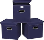 Closet Organizers Fabric Storage Bins With Lids Collapsible Cube Storages Organizer Basket With Handles,Storage Boxes for Clothes Storage,Office,Toys,3 Pack,（Navy Blue by SEVENDOME