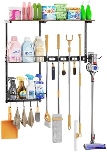 Broom Holder Wall Mount，With A Storage Basket Cleaning Tool Storage Rack by Unknown