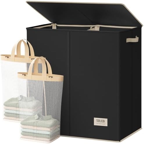 SOLEDI Large Double Laundry Hamper with Lid,165L Collapsible Clothes Hamper 2 section with Removable Bags, Space-Saving Laundry Basket for Bedroom, Dorm, College by SOLEDI