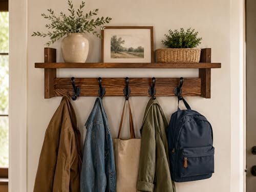29" Coat Rack Wall Mount with Shelf, Entryway Wall Hooks with Shelf, Coat Hangers for Bathroom, Living Room, Bedroom by Unknown