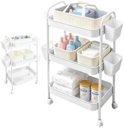 3 Tier Rolling Cart Organizer with Wheels, Metal Utility Storage Cart for Nursery, Bathroom, Kitchen, Craft Room & Laundry Room, Includes Hanging Baskets and Rope Storage Bin, White by Unknown
