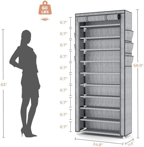 VTRIN Vertical Narrow Shoe Rack Organizer Tall Shoe Rack for Closet Entryway 10 Tier Non-Woven Cover Shoe Shelf Holds 36-41 Pairs Free Standing Shoe Storage Cabinet with Dustproof Cover, Multi Color - Image 3