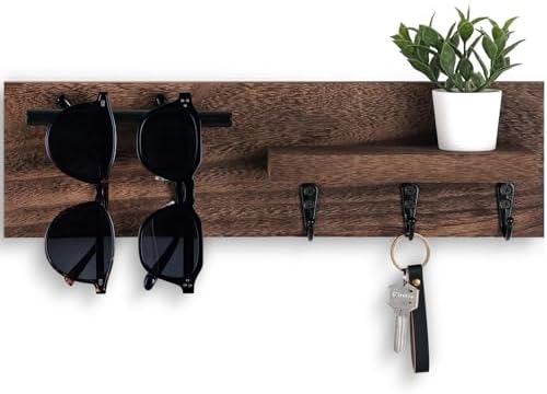 Key Holder for Wall, Decorative Entryway Shelf with Hooks Holds Keys, Dog Leash, Sunglasses – Key Hanger with 3 Hooks Organizes, Enhances Home Decor (15” x 4.5” x 2.6”) (Brown) by Lucundm