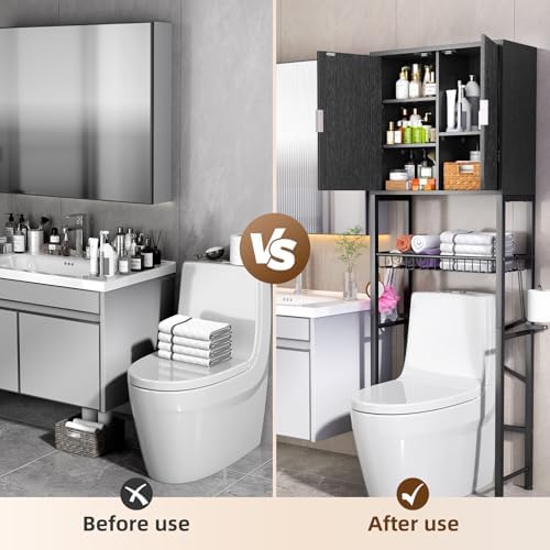 Kalrin Over The Toilet Storage Cabinet with Fluted Wave Doors and Adjustable Shelf, Wood Over Toilet Storage Rack with Drain Basket, Freestanding Bathroom Organizer for Balcony Laundry, Pure Black - Image 3