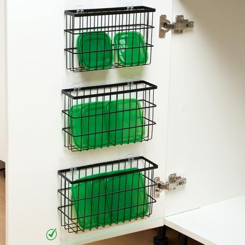 Sinnsally 3 Pack Cabinet Door Organizer,Self Adhesive Lid Organizers Inside Cabinet Storage Boxes,Hanging Storage Basket Organizer Wall Mounted Pantry Caddy Cup Holder for Kitchen,Fridge,Bathroom - Image 3