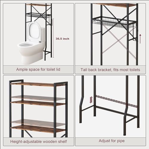 Over The Toilet Storage Rack, 4-Tier Bathroom Organizers and Storage with Adjustable Shelf, Freestanding Above Toilet Shelves for Bathroom & Laundry, Space Saver, Brown - Image 3